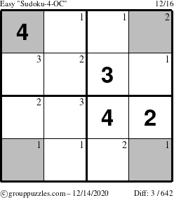 The grouppuzzles.com Easy Sudoku-4-OC puzzle for Monday December 14, 2020 with the first 3 steps marked