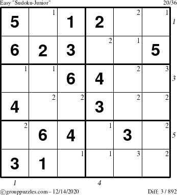 The grouppuzzles.com Easy Sudoku-Junior puzzle for Monday December 14, 2020 with all 3 steps marked