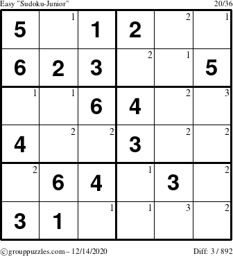 The grouppuzzles.com Easy Sudoku-Junior puzzle for Monday December 14, 2020 with the first 3 steps marked