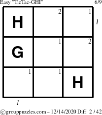 The grouppuzzles.com Easy TicTac-GHI puzzle for Monday December 14, 2020, suitable for printing, with all 2 steps marked