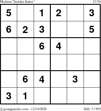 The grouppuzzles.com Medium Sudoku-Junior puzzle for Monday December 14, 2020