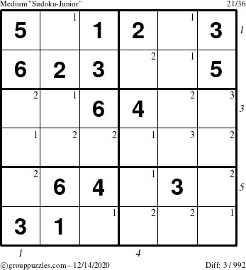 The grouppuzzles.com Medium Sudoku-Junior puzzle for Monday December 14, 2020 with all 3 steps marked