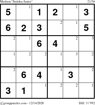 The grouppuzzles.com Medium Sudoku-Junior puzzle for Monday December 14, 2020 with the first 3 steps marked