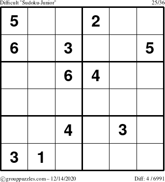 The grouppuzzles.com Difficult Sudoku-Junior puzzle for Monday December 14, 2020