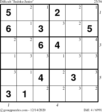 The grouppuzzles.com Difficult Sudoku-Junior puzzle for Monday December 14, 2020, suitable for printing, with all 4 steps marked