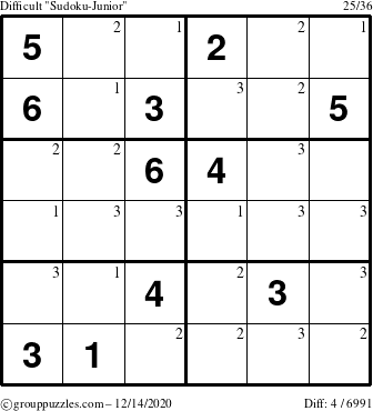 The grouppuzzles.com Difficult Sudoku-Junior puzzle for Monday December 14, 2020 with the first 3 steps marked