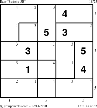 The grouppuzzles.com Easy Sudoku-5B puzzle for Monday December 14, 2020 with all 4 steps marked