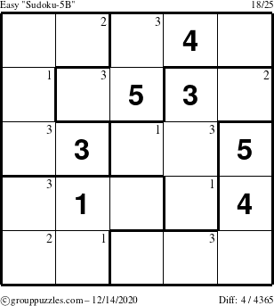 The grouppuzzles.com Easy Sudoku-5B puzzle for Monday December 14, 2020 with the first 3 steps marked