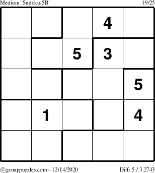 The grouppuzzles.com Medium Sudoku-5B puzzle for Monday December 14, 2020