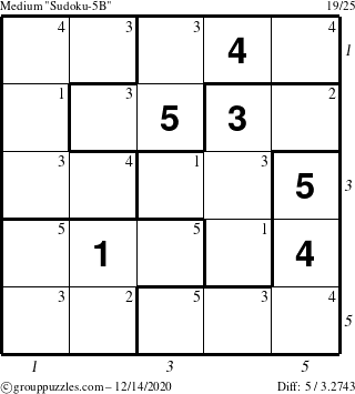 The grouppuzzles.com Medium Sudoku-5B puzzle for Monday December 14, 2020 with all 5 steps marked