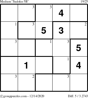 The grouppuzzles.com Medium Sudoku-5B puzzle for Monday December 14, 2020 with the first 3 steps marked