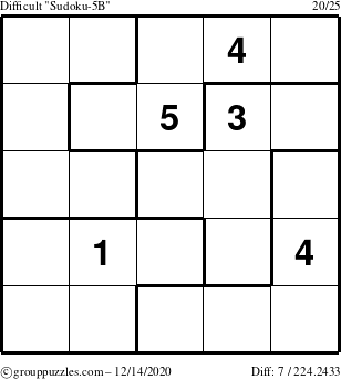 The grouppuzzles.com Difficult Sudoku-5B puzzle for Monday December 14, 2020