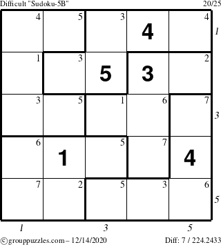 The grouppuzzles.com Difficult Sudoku-5B puzzle for Monday December 14, 2020 with all 7 steps marked