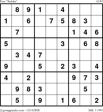 The grouppuzzles.com Easy Sudoku puzzle for Monday December 14, 2020