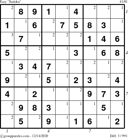 The grouppuzzles.com Easy Sudoku puzzle for Monday December 14, 2020 with all 3 steps marked