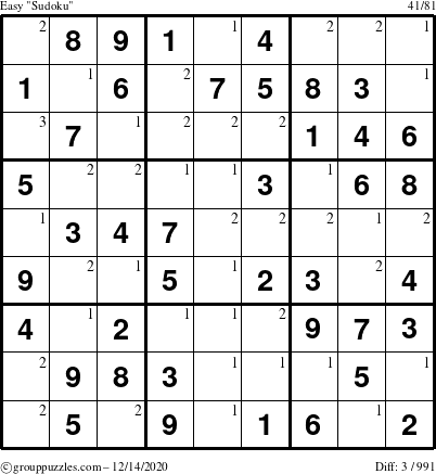 The grouppuzzles.com Easy Sudoku puzzle for Monday December 14, 2020 with the first 3 steps marked