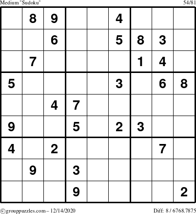 The grouppuzzles.com Medium Sudoku puzzle for Monday December 14, 2020