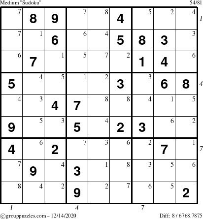 The grouppuzzles.com Medium Sudoku puzzle for Monday December 14, 2020 with all 8 steps marked