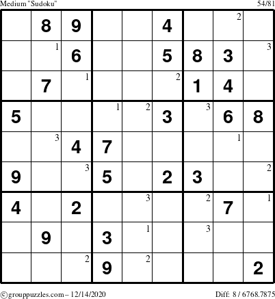 The grouppuzzles.com Medium Sudoku puzzle for Monday December 14, 2020 with the first 3 steps marked