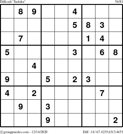 The grouppuzzles.com Difficult Sudoku puzzle for Monday December 14, 2020