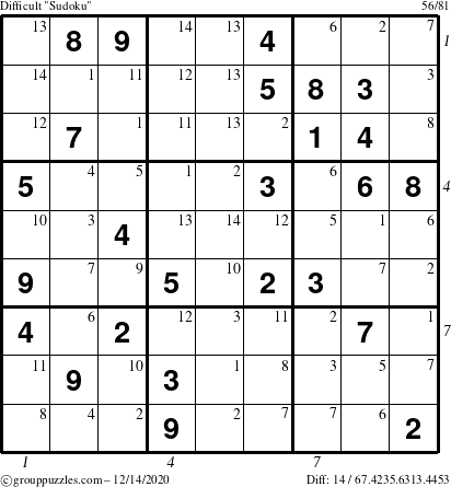 The grouppuzzles.com Difficult Sudoku puzzle for Monday December 14, 2020, suitable for printing, with all 14 steps marked