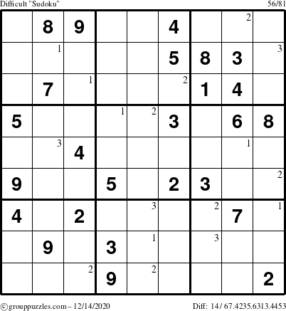 The grouppuzzles.com Difficult Sudoku puzzle for Monday December 14, 2020 with the first 3 steps marked