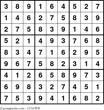 The grouppuzzles.com Answer grid for the Sudoku puzzle for Monday December 14, 2020