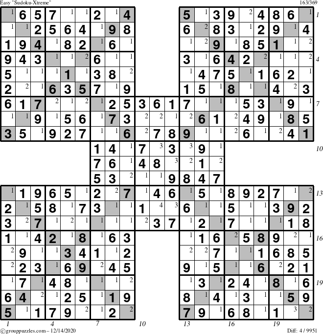 The grouppuzzles.com Easy Sudoku-Xtreme puzzle for Monday December 14, 2020 with all 4 steps marked