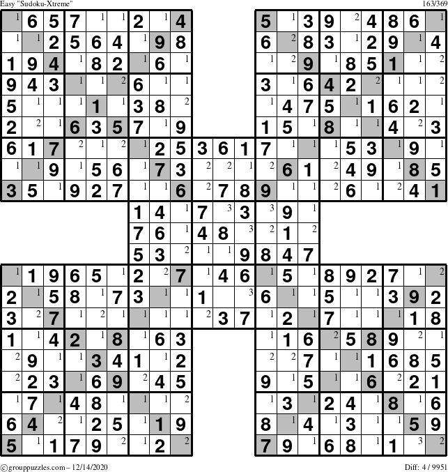 The grouppuzzles.com Easy Sudoku-Xtreme puzzle for Monday December 14, 2020 with the first 3 steps marked