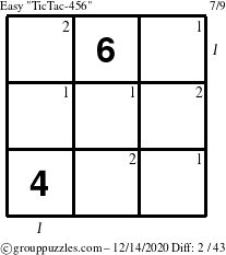 The grouppuzzles.com Easy TicTac-456 puzzle for Monday December 14, 2020 with all 2 steps marked