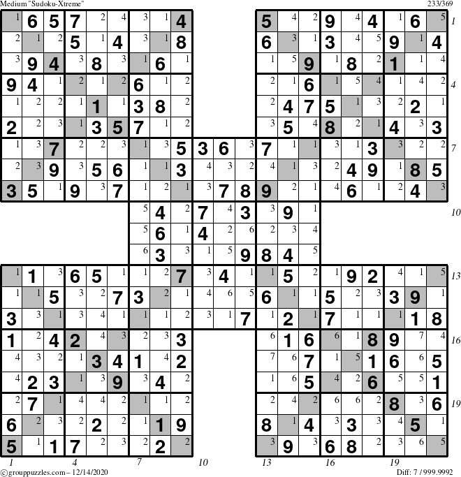 The grouppuzzles.com Medium Sudoku-Xtreme puzzle for Monday December 14, 2020 with all 7 steps marked