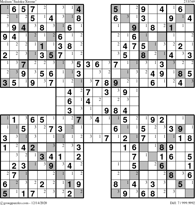 The grouppuzzles.com Medium Sudoku-Xtreme puzzle for Monday December 14, 2020 with the first 3 steps marked