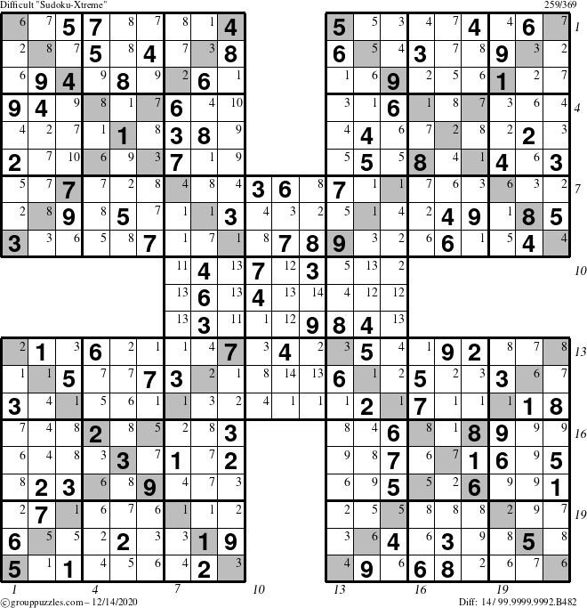 The grouppuzzles.com Difficult Sudoku-Xtreme puzzle for Monday December 14, 2020 with all 14 steps marked