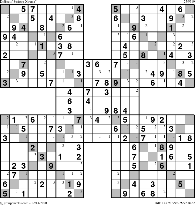 The grouppuzzles.com Difficult Sudoku-Xtreme puzzle for Monday December 14, 2020 with the first 3 steps marked