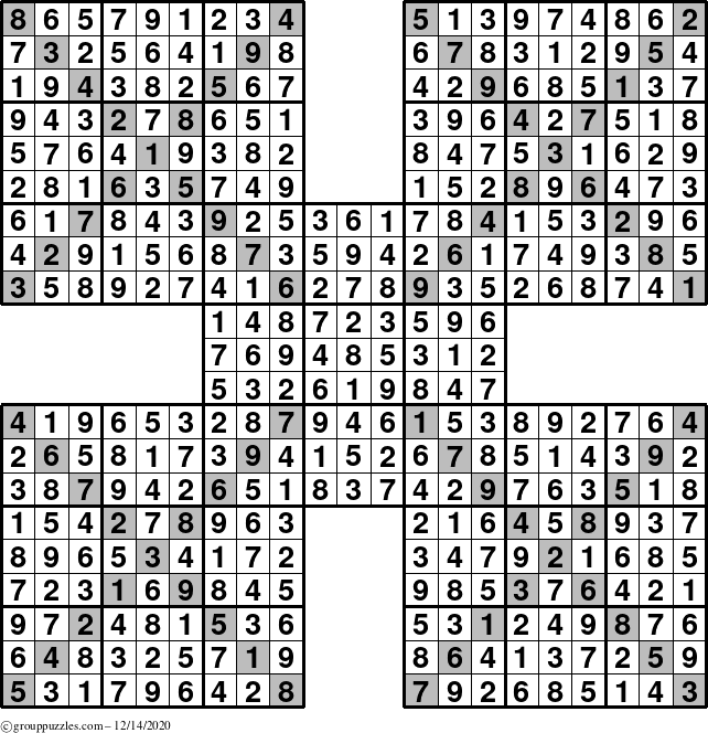 The grouppuzzles.com Answer grid for the Sudoku-Xtreme puzzle for Monday December 14, 2020