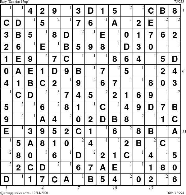 The grouppuzzles.com Easy Sudoku-15up puzzle for Monday December 14, 2020 with all 3 steps marked