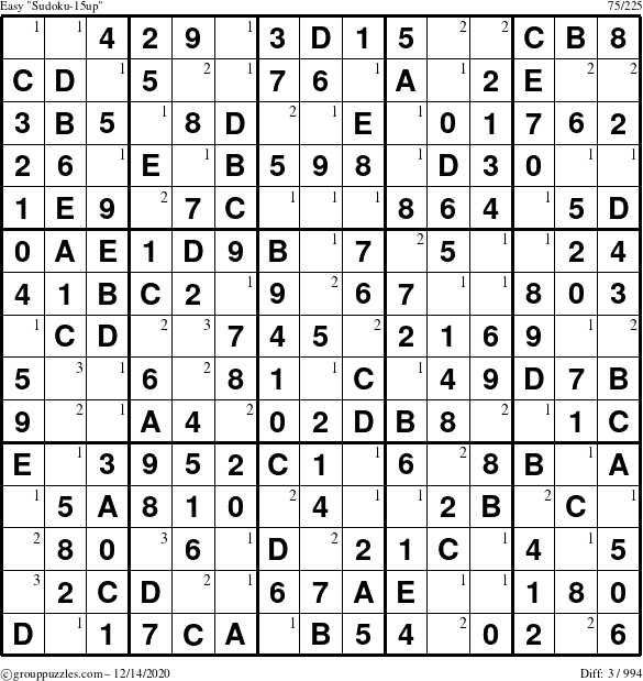 The grouppuzzles.com Easy Sudoku-15up puzzle for Monday December 14, 2020 with the first 3 steps marked