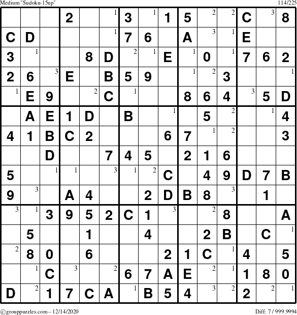 The grouppuzzles.com Medium Sudoku-15up puzzle for Monday December 14, 2020 with the first 3 steps marked