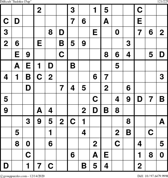 The grouppuzzles.com Difficult Sudoku-15up puzzle for Monday December 14, 2020