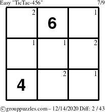 The grouppuzzles.com Easy TicTac-456 puzzle for Monday December 14, 2020 with the first 2 steps marked