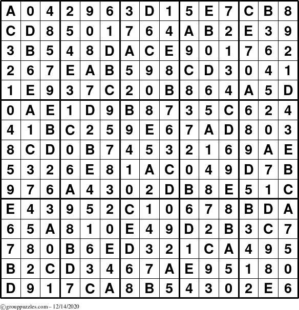 The grouppuzzles.com Answer grid for the Sudoku-15up puzzle for Monday December 14, 2020