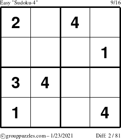 The grouppuzzles.com Easy Sudoku-4 puzzle for Saturday January 23, 2021