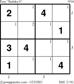 The grouppuzzles.com Easy Sudoku-4 puzzle for Saturday January 23, 2021 with all 2 steps marked