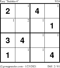 The grouppuzzles.com Easy Sudoku-4 puzzle for Saturday January 23, 2021 with the first 2 steps marked