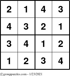 The grouppuzzles.com Answer grid for the Sudoku-4 puzzle for Saturday January 23, 2021