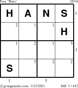 The grouppuzzles.com Easy Hans puzzle for Saturday January 23, 2021 with all 3 steps marked