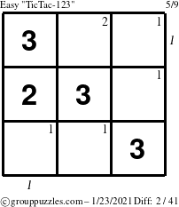 The grouppuzzles.com Easy TicTac-123 puzzle for Saturday January 23, 2021 with all 2 steps marked