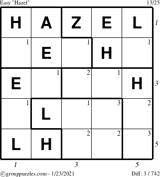 The grouppuzzles.com Easy Hazel puzzle for Saturday January 23, 2021 with all 3 steps marked