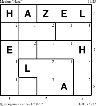 The grouppuzzles.com Medium Hazel puzzle for Saturday January 23, 2021 with all 3 steps marked