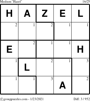 The grouppuzzles.com Medium Hazel puzzle for Saturday January 23, 2021 with the first 3 steps marked